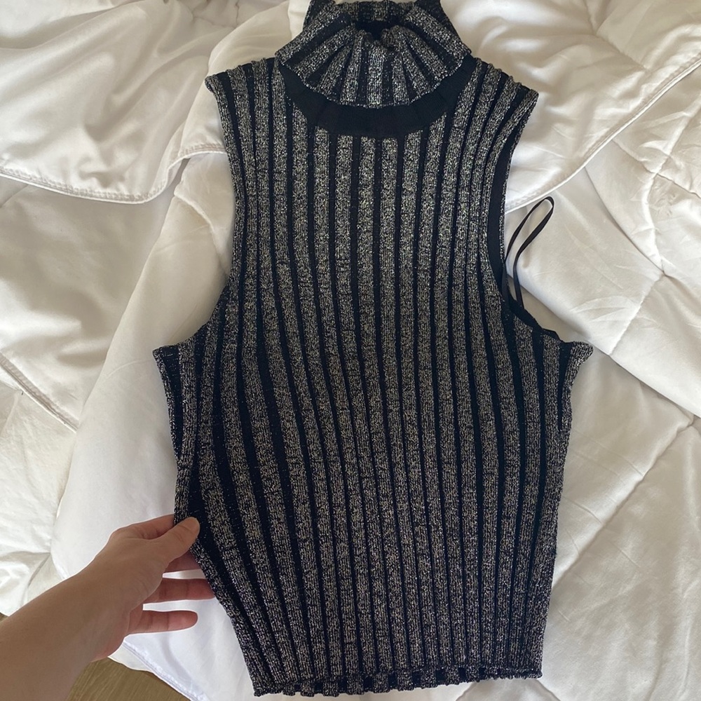 Cinq a Sept black and silver sleeveless turtleneck